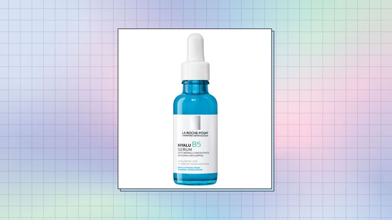 La Roche-Posay Hyalu B5 serum on a blue, pink and purple cloudy background