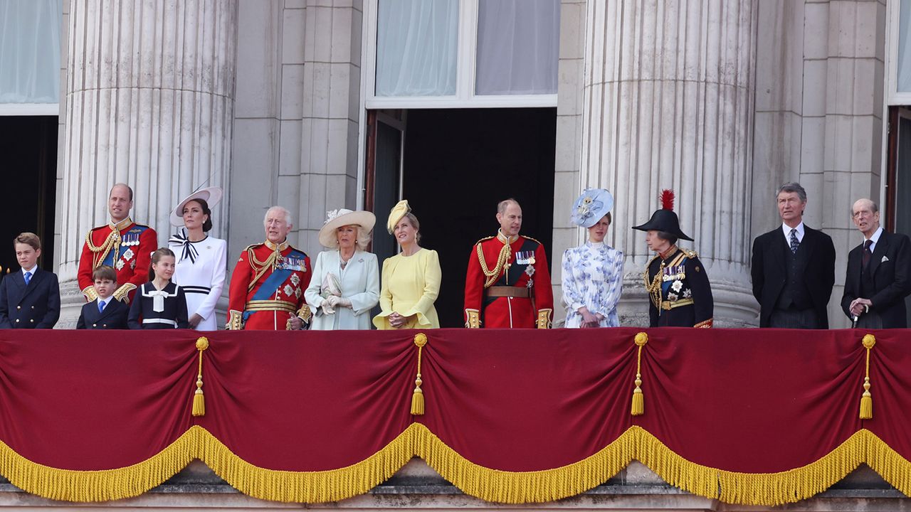 Prince William, Kate Middleton, Prince Louis, Princess Charlotte, King Charles, Queen Camilla, Duchess Sophie standing on the Buckingham Palace balcony in dresses and military uniforms during Trooping the Colour 2024