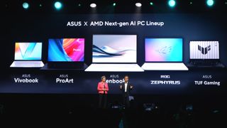 A photo of the AMD keynote speech at Computex 2024, with AMD and Asus CEOs on stage