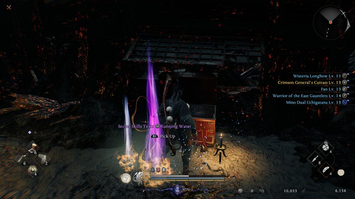 Nioh 3: A player stood next to a large red chest in a dark area by a burned house, inspecting the Running Water skill book on the ground.