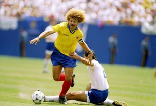 Carlos Valderrama in action for Colombia against Greece at the 1994 World Cup.