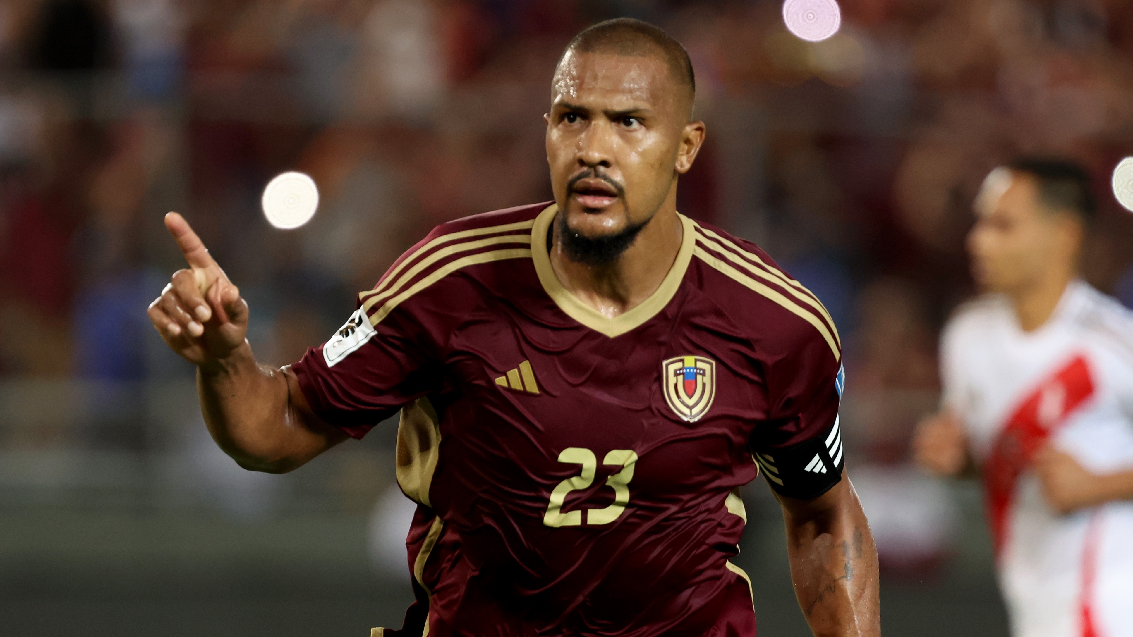 Salomon Rondon of Venezuela celebrates scoring his team's first goal during the South of American FIFA World Cup 2026 Qualifier between Venezuela and Peru at Estadio Monumental de Monagas on March 25, 2025 in Maturin, Venezuela.