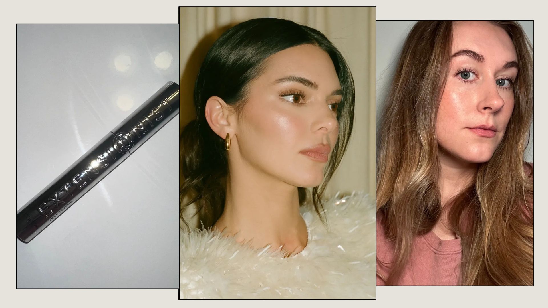 A collage with a picture of the new L'Oreal Extensionist Mascara, a photo of Kendall Jenner wearing the mascara, andBest Knockoff Luxury Clothing
 US beauty editor Kaitlyn McLintock trying the mascara