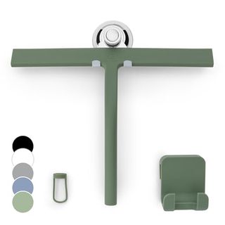 Green slim squeegee and a green matching adhesive hook for storage. There are five circles on the bottom left of the image denoting other colors it comes in. Black, white, gray, cornflower blue, and moss green as pictured