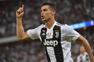 Cristiano Ronaldo celebrates his goal for Juventus against AC Milan in the Supercoppa Italiana in January 2019.