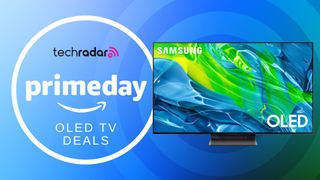 An image of a Samsung OLED TV next to a Prime Day logo