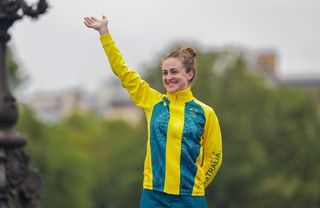 Picture by Alex Whitehead/SWpix.com - 27/07/2024 - Paris 2024 Olympic Games - Cycling Road - Womenâ€™s Individual Time Trial (ITT) (32.4km) - Invalides to Pont Alexandre III, Paris, France - Grace Brown (Australia) receiving the gold medal after winning the Womenâ€™s Individual Time Trial to become Olympic Champion