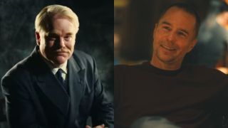 Phillip Seymour Hoffman leans forward with a smile in The Master, pictured next to Sam Rockwell leaned back smiling in conversation in The Master. 