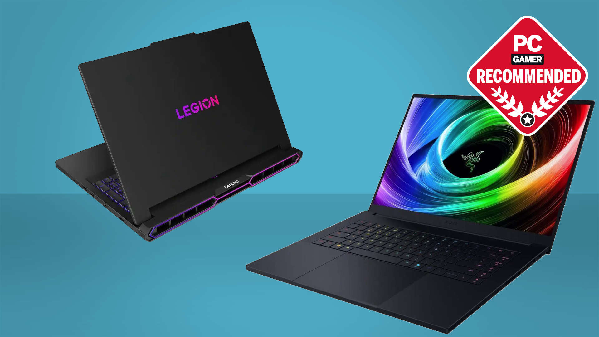 Lenovo Legion and Razer Blade 16 gaming laptops on a blue background.