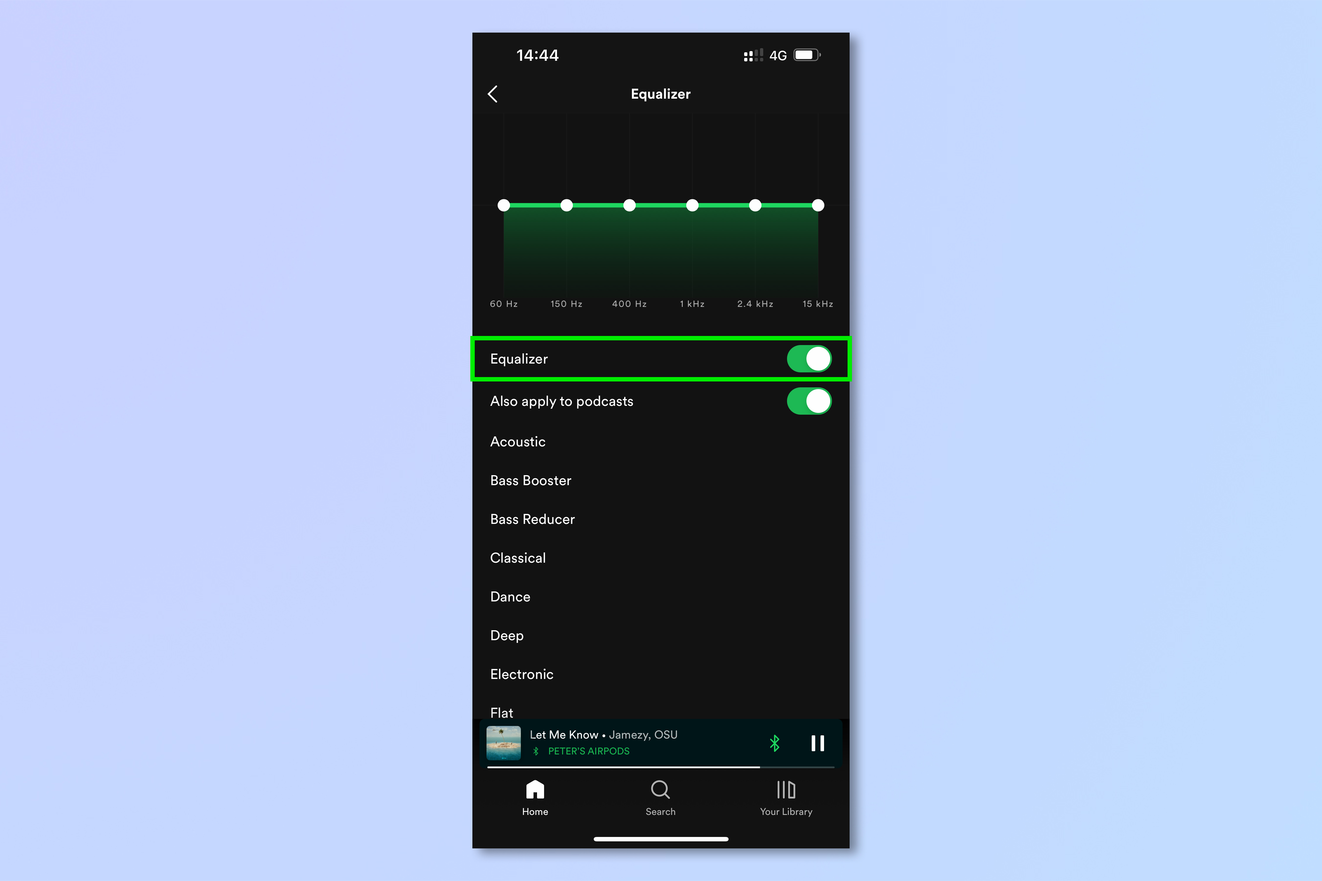 A screenshot showing the steps required to use the Spotify equalizer on iOS and Android