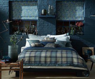 blue bedroom with tartan duvet cover