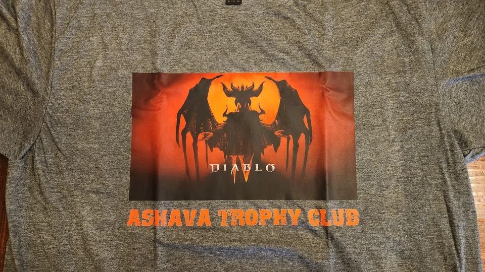 A home-printed t-shirt featuring a picture of Diablo&#039;s Lilith above the words &#039;Ashava Trophy Club&#039;