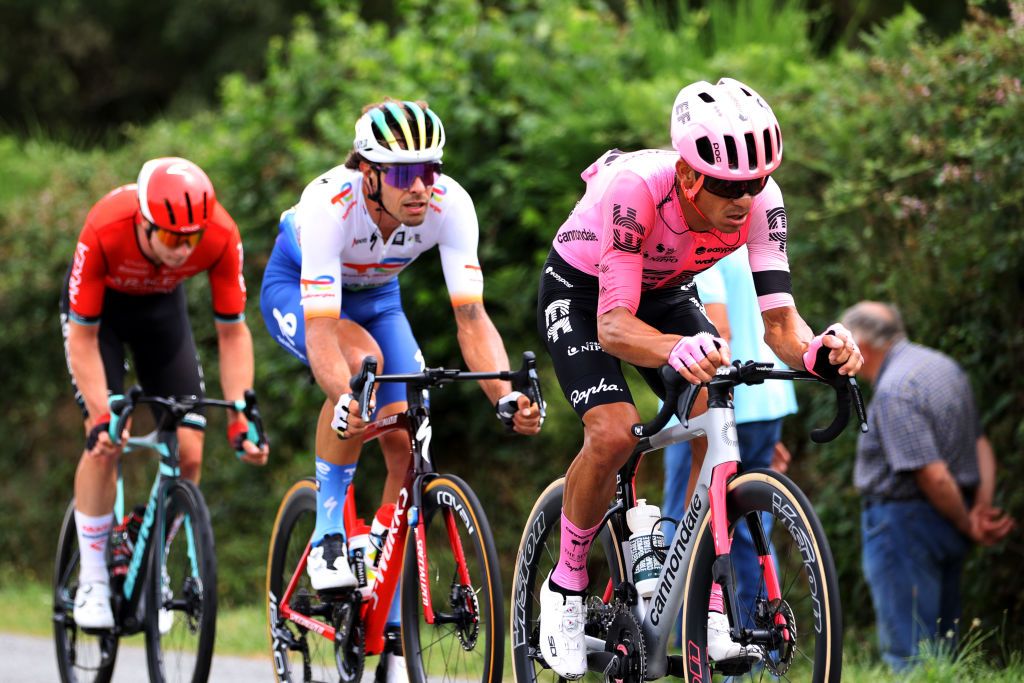 MOULINS FRANCE JULY 12 LR Matis Louvel of France and Team ArkaSamsic Daniel Oss of Italy and Team TotalEnergies and Andrey Amador of Costa Rica and Team EF EducationEasyPost compete in the breakaway during the stage eleven of the 110th Tour de France 2023 a 1798km from ClermontFerrand to Moulins UCIWT on July 12 2023 in Moulins France Photo by Michael SteeleGetty Images
