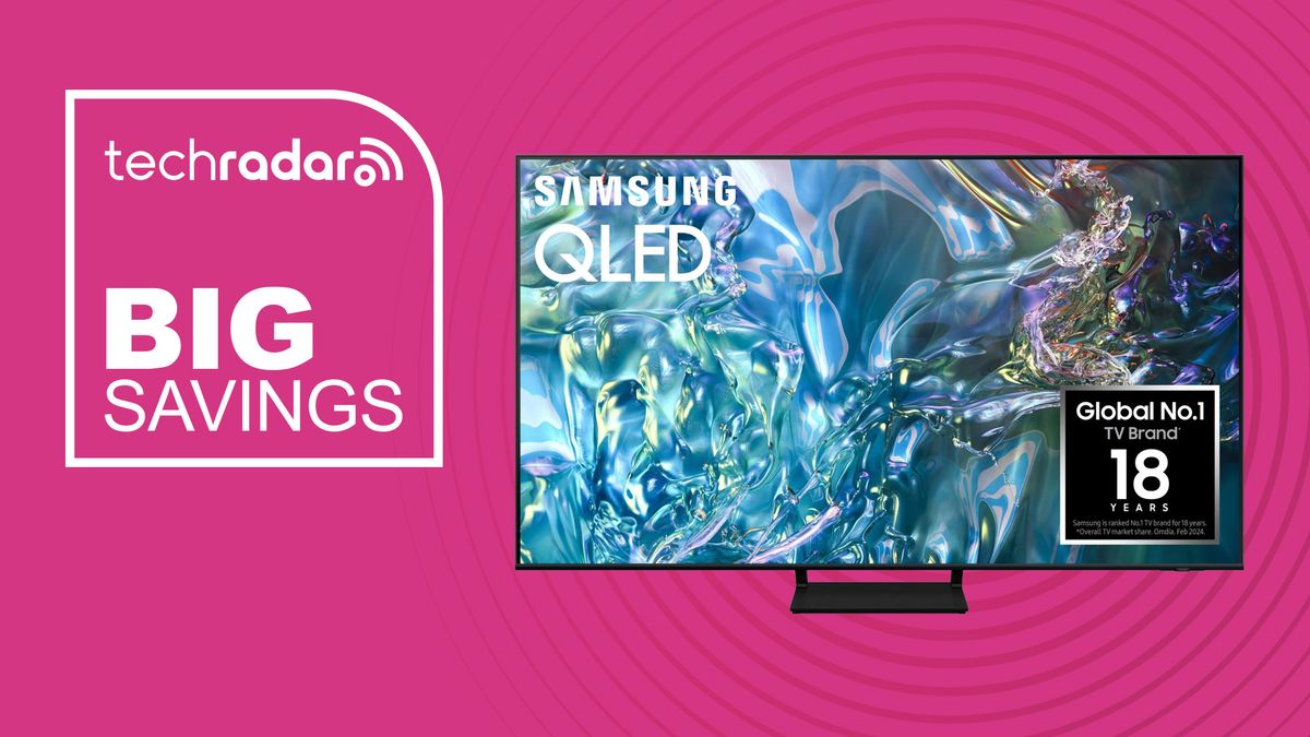 Samsung Q60D QLED TV on a pink background with &quot;Big Savings&quot; text in white