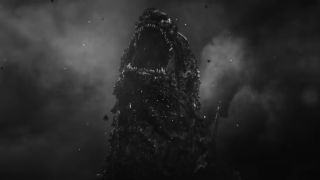 Godzilla roars in pain in front of clouds in Godzilla Minus One Minus Color.