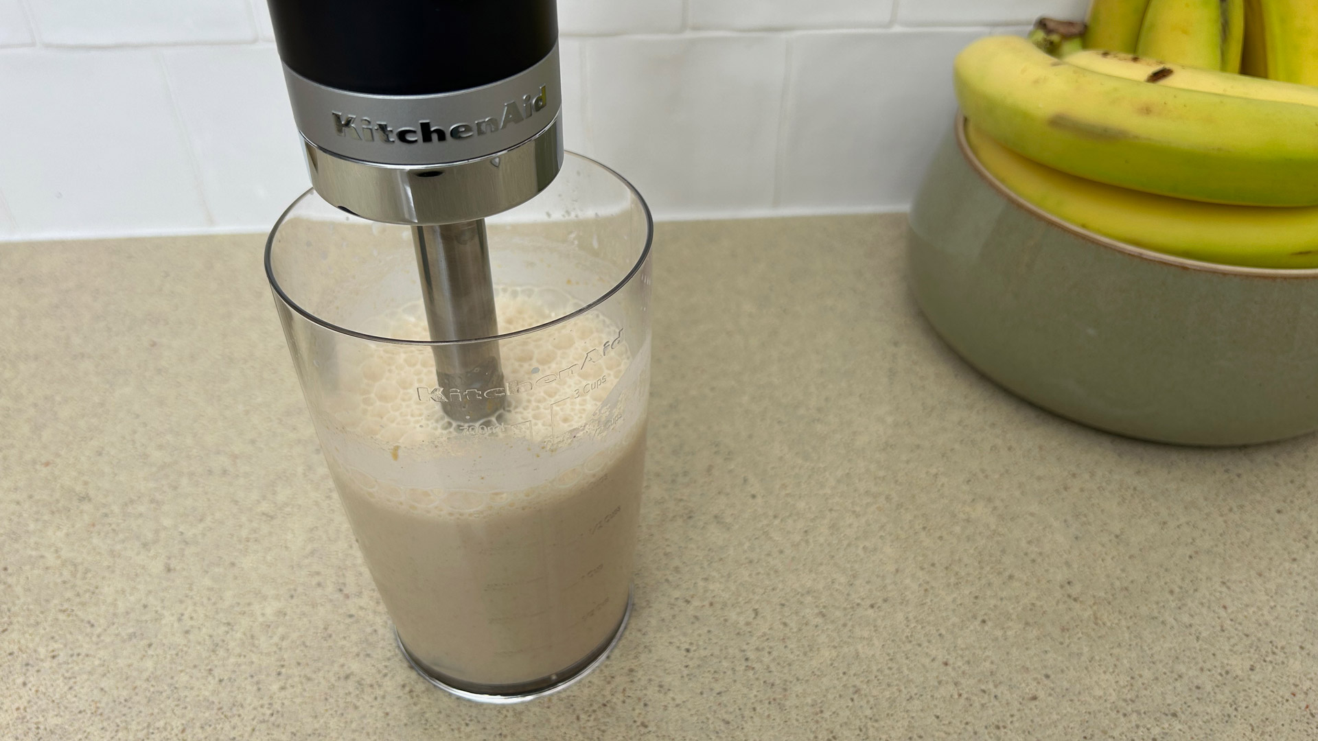 Making a protein shake with the KitchenAid Go Cordless Hand Blender