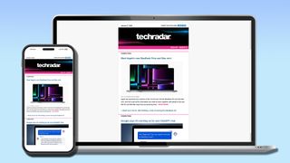 The TechRadar newsletter displayed on a laptop and a phone, on a blue background