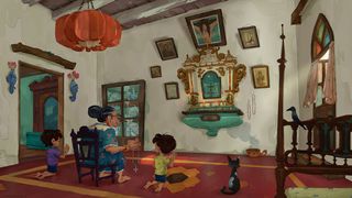 2D art; a woman sits with children