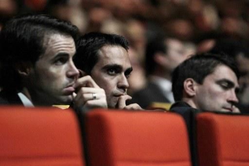 Spaniards Sammy Sanchez and Alberto Contador at the unveiling of the 2012 Tour de France route.