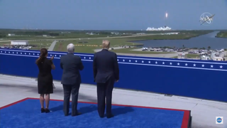 Second Lady Karen Pence, Vice President Mike Pence and President Donald Trump watch the Demo-2 mission launch on May 30, 2020.