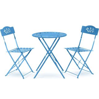 A blue metal bistro table and chairs set