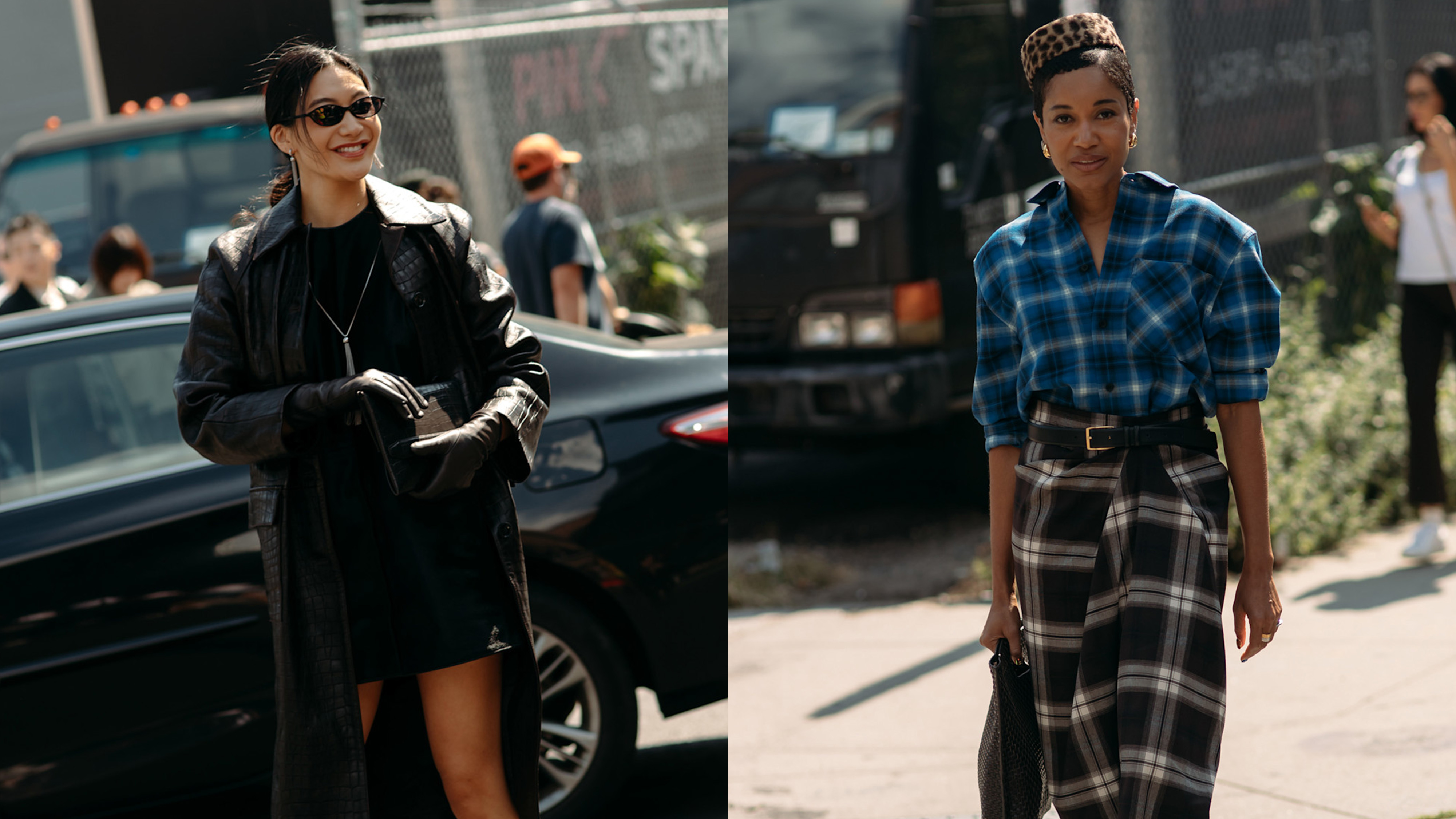 Laura Jung wearing a croc leather coat and a guest wearing a plaid shirt and skirt at the COS F/W 25 show during NYFW.