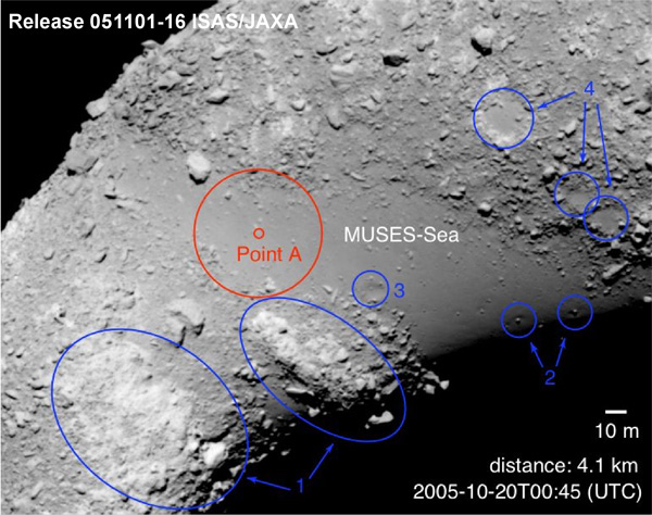 Potential landing spots for the Hayabusa asteroid probe.