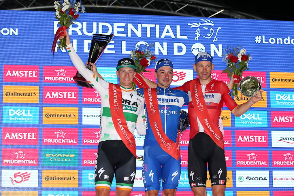Sam Bennett, Elia Viviani and Michael Morkov on the RideLondon podium