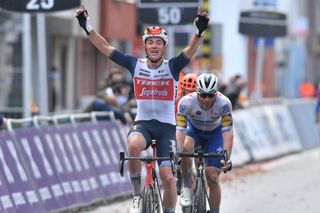 Danish Mads Pedersen of TrekSegafredo celebrates after winning the GentWevelgem In Flanders Fields one day cycling race 2325 km Sunday 11 October 2020 in WevelgemBELGA PHOTO DAVID STOCKMAN Photo by DAVID STOCKMANBELGA MAGAFP via Getty Images