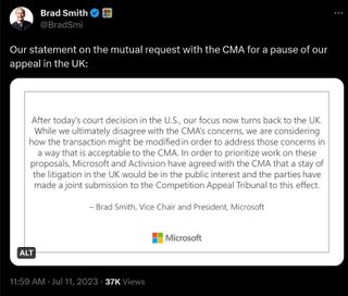 After today's court decision in the U.S., our focus now turns back to the UK. While we ultimately disagree with the CMA's concerns, we are considering how the transaction might be modified in order to address those concerns in a way that is acceptable to the CMA. In order to prioritize work on these proposals, Microsoft and Activision have agreed with the CMA that a stay of litigation in the UK would be in the public interest and the parties have made a joint submission to the Competition Appeal Tribunal to this effect. - Brad Smith, Vice Chair and President, Microsoft