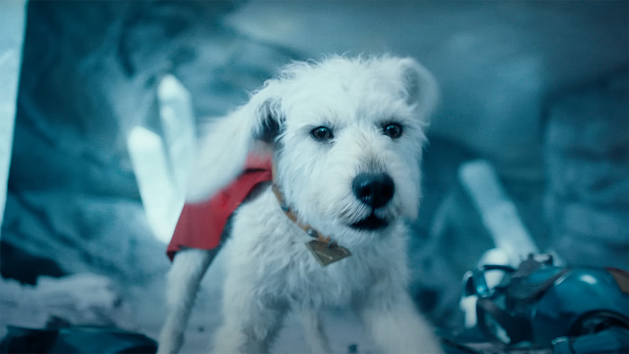 A close up of Krypto the Superdog in a battle stance inside the Fortress of Solitude in Superman