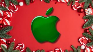 The Apple logo in green on a festive backdrop