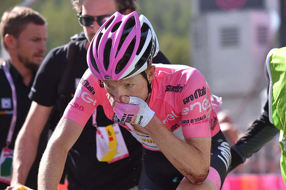 Steven Kruijswijk (LottoNL-Jumbo) reacts following the Giro's stage 19, in which he crashed in the Colle dell'Agnello downhill