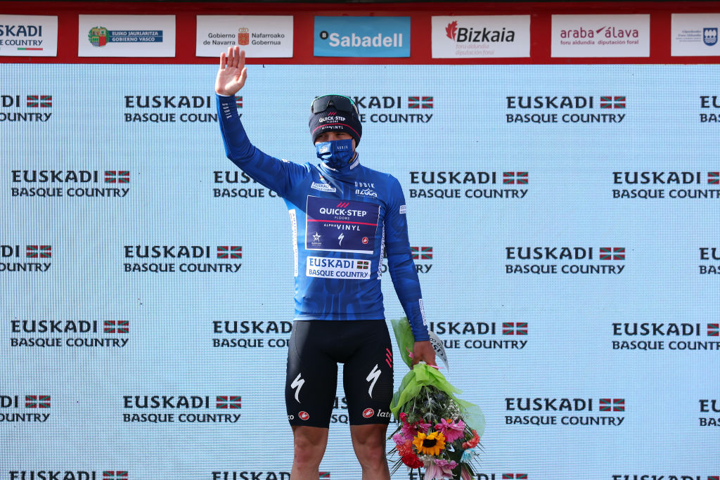 AMURRIO SPAIN APRIL 06 Remco Evenepoel of Belgium and Team QuickStep Alpha Vinyl Blue Best Young Rider Jersey celebrates at podium during the 61st Itzulia Basque Country 2022 Stage 3 a 1817km stage from Llodio to Amurrio itzulia WorldTour on April 06 2022 in Amurrio Spain Photo by Gonzalo Arroyo MorenoGetty Images