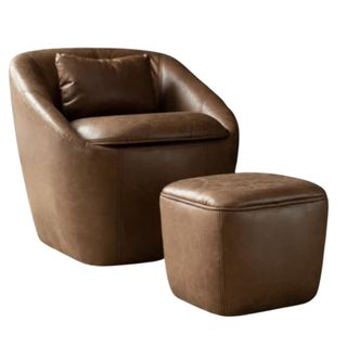 Faux leather brown barrel chair with ottoman