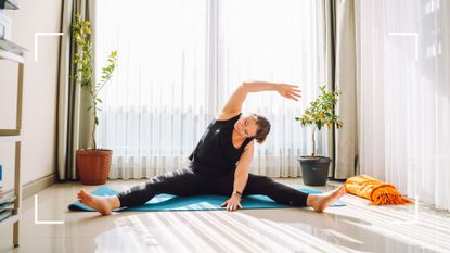 Woman reaching over to one side stretching, part of the 3-2-8 method
