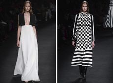 2 models wearing long white skirt with black top and black and white knee length dress with black boots