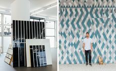 LEFT: Black panel paintings resting against a white pillar in an open space rom. RIGHT: Ricardo Alcaide with his dog Nacho standing against a geometric designed wall