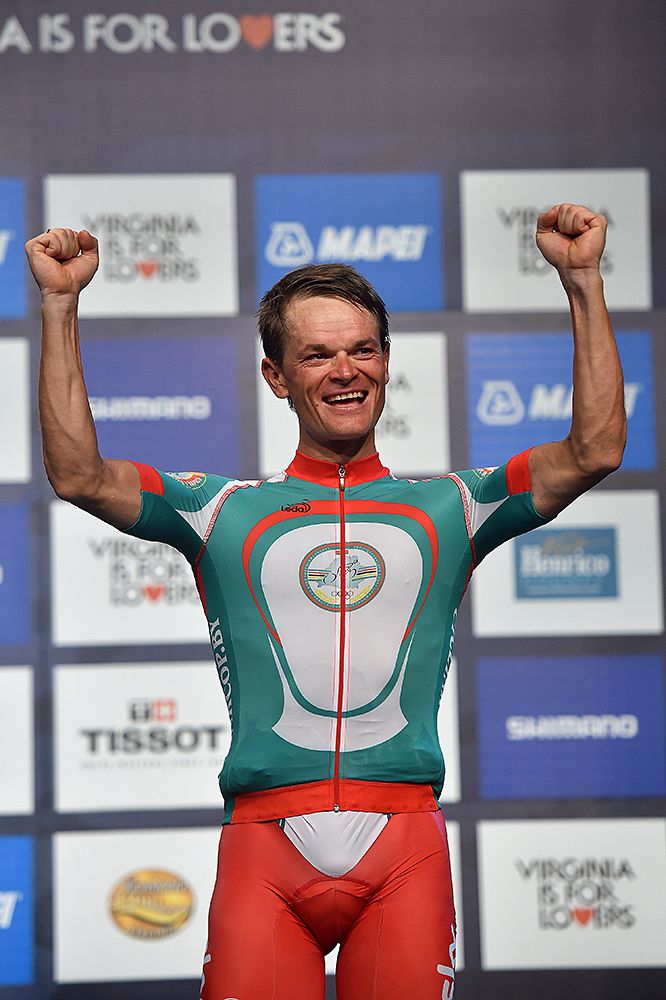 Vasil Kiryienka (Belarus) tops the podium in the time trial at the World Championships