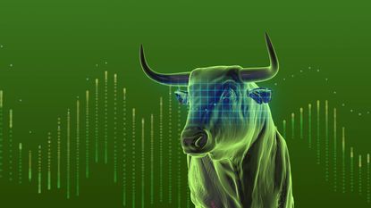 digital image of a green stock market bull with a price chart superimposed over it