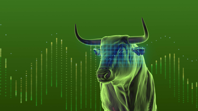 digital image of a green stock market bull with a price chart superimposed over it