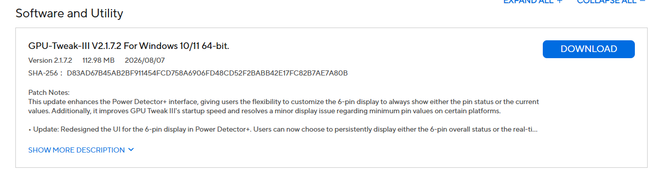 Screenshot of GPU-Tweak-III software update details, including version, size, release date, SHA-256 hash, and patch notes with a "DOWNLOAD" button.