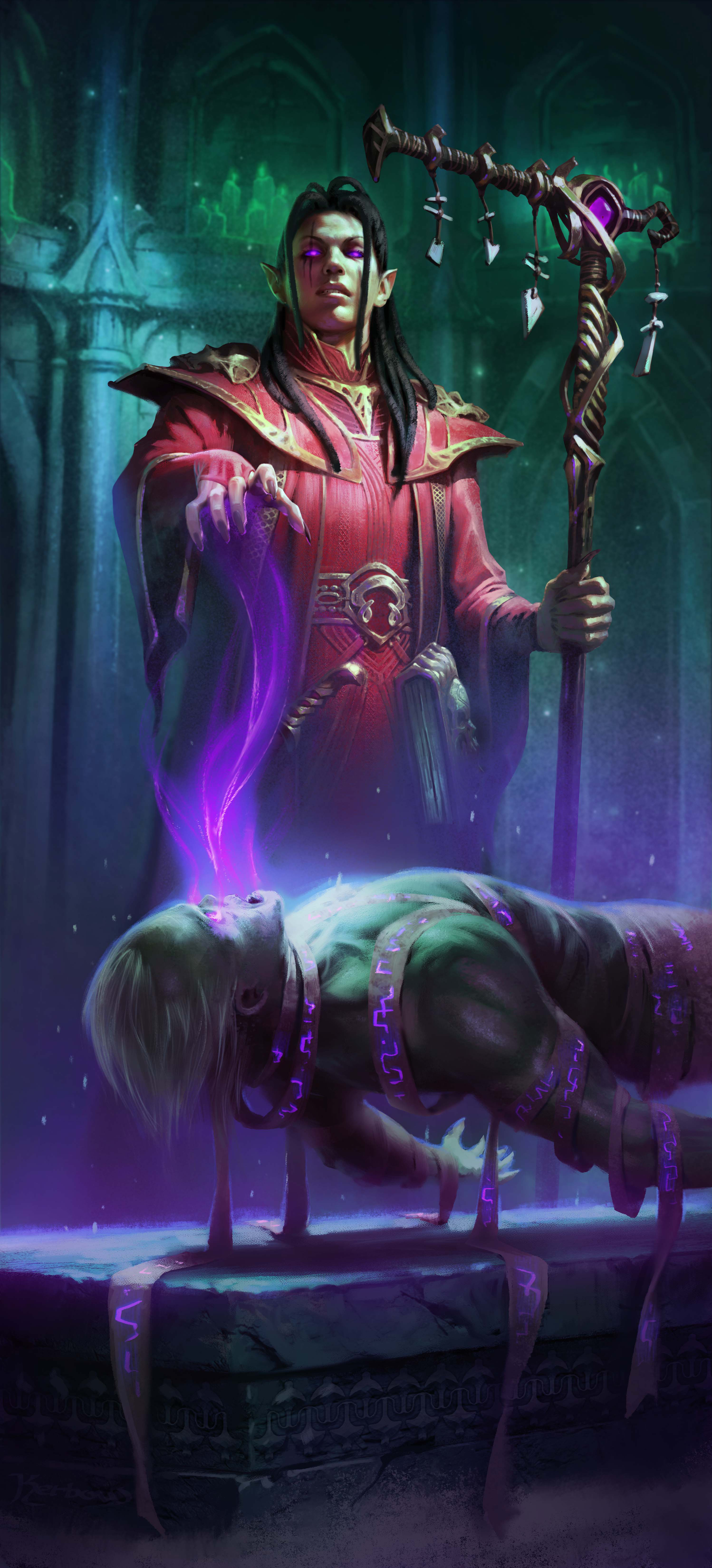 An elf mage with glowing eyes syphons purple energy from a body on a slab