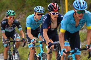 SARNANO ITALY SEPTEMBER 11 Aleksandr Vlasov of Russia and Astana Pro Team Geraint Thomas of The United Kingdom and Team INEOS Grenadiers during the 55th TirrenoAdriatico 2020 Stage 5 a 202km stage from Norcia to SarnanoSassotetto 1335m TirrenAdriatico on September 11 2020 in Sarnano Italy Photo by Justin SetterfieldGetty Images