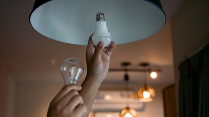 Energy saving light bulbs being put in a ceiling light