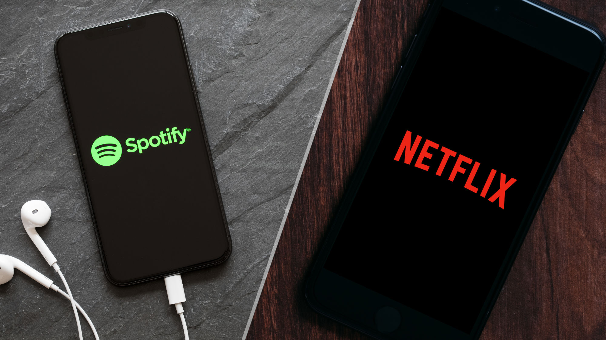 Spotify on a phone; Netflix on a phone