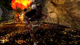 Kratos runs with Atreus on his back through a valley