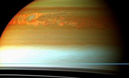 The colored swirls indicate the tail end of Saturn's massive storm that occurred sometime between 2010 and 2011.