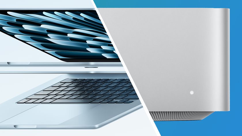 Two MacBook Air M4 laptops on a light blue background next to a Mac Studio on a blue background