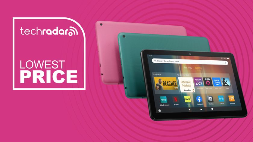 Amazon Fire HD 8 tablet in three colors on pink background with TechRadar lowest price sign